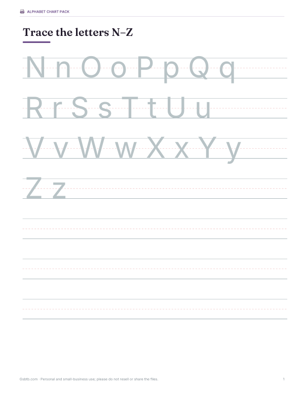 Preview of Printable Tracing N–Z Chart